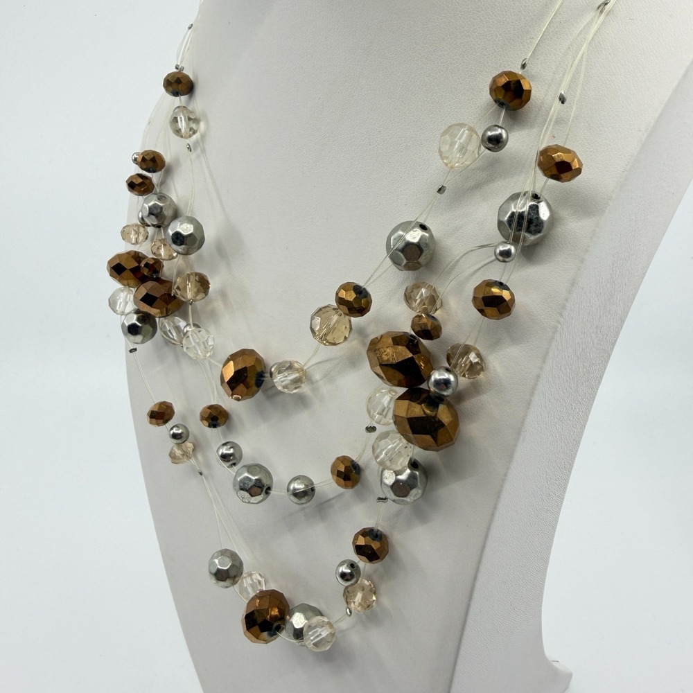 Multi Strand Beads Necklace Bronze & Silver Tone with Clear Crystals - Picture 7 of 13